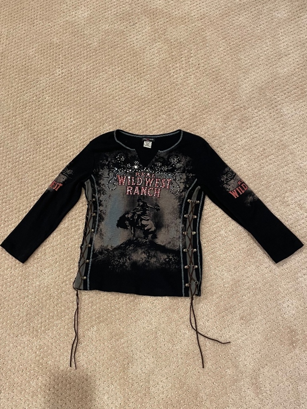 Vintage Skinny Minnie Y2K Wild West Lace Up Rhinestone Graphic Top S/M